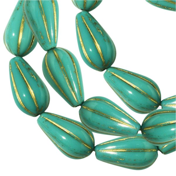 Czech Glass Beads, Melon Drop 13x8mm, Turquoise Opaque with Gold Wash, by Raven s Journey (1 Strand) Fashion