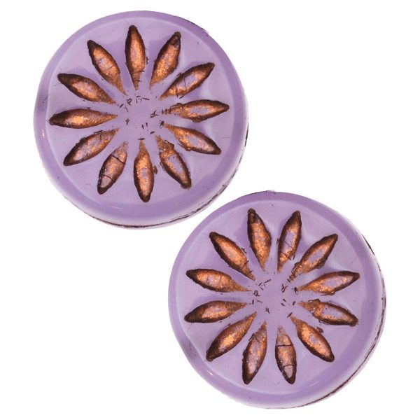 Czech Glass Beads, Coin with Aster 12mm, Lilac Purple Opaline with Dark Bronze Finish, by Raven s Journey (1 Strand) Online Hot Sale - Image 2