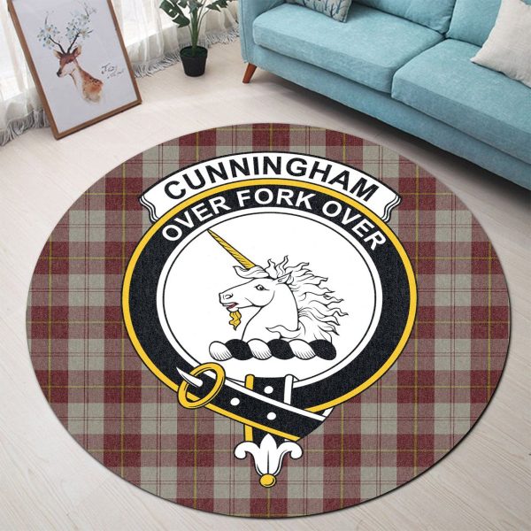 Cunningham Burgundy Dancers Tartan Crest Round Rug For Cheap